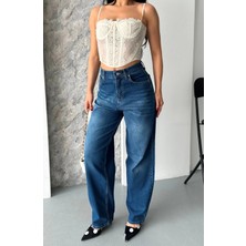 Baggy Süper Taş Bıyık Yıkama Koyu Mavi Jeans Pantolon D2007