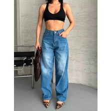 Baggy Süper Taş Bıyık Yıkama Mavi Jeans Pantolon D2007