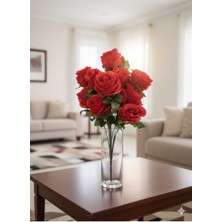 12 Kafalı Kırmızı Çok Katlı Gül Demeti Ev Vazo Özel Gün Çiçeği