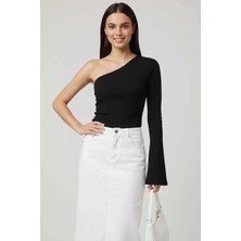 Tek Omuzlu Basic Bluz Siyah T4275