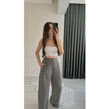 Minella Gri Ip Detaylı Pileli Poliviskon Pantolon