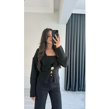 Liente Gold Düğme Detaylı Siyah Hırka