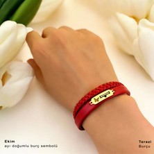 14 Ayar Altın Plakalı Ekim Ayı Doğumlarına Kelebek Motifli Koyu Kırmızı Derili Hediye BILEKLIK-677