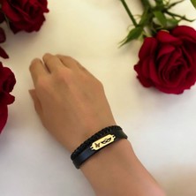 14 Ayar Altın Plakalı Bal Maske Temalı Doğal Siyah Derili Kelebek Figürlü Hediye BILEKLIK-678