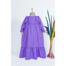 Kız Çocuk Keten Elbise Buse Model Uzun Tesettür Tam Boy Elbise Lila