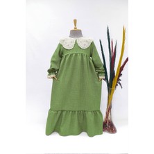 Kız Çocuk Fisto Yakalı Keten Elbise - Elif Model Uzun Tesettür Mint Yeşili Elbise