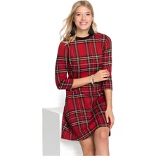 Kadın Ekose Desen Bisiklet Yaka Çan Etek Truvakar Kol Şık Casual Spor Curve Elbise