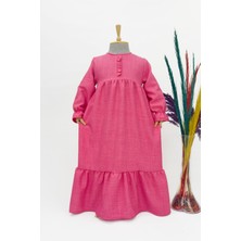 Kız Çocuk Keten Elbise - Mihri Model Uzun Tesettür Elbise Fuşya