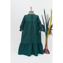 Kız Çocuk Keten Elbise - Mihri Model Uzun Tesettür Elbise Zümrüt