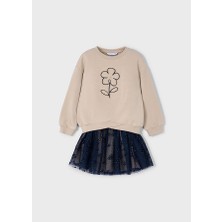 Mayoral 4-10 Yaş Kız Çocuk Bej Baskılı Sweatshirt ve Lacivert Tütü Etek Takımı