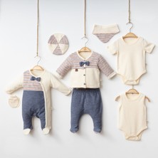 0-3 Ay Erkek Bebek Çizgi Detaylı Organik Pamuktan 8 Li Premium Takım