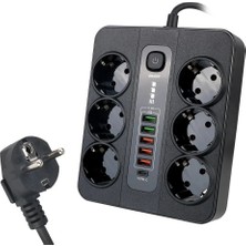 Termal Korumalı 3000W 6’lı Priz | 5 USB + 1 Type-C 20W PD | Zamanlayıcılı, Alev Dirençli 2m Kablo

