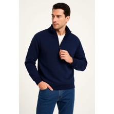 Erkek Dik Yaka Sweatshirt Dik Yaka Yarım Fermuarlı 3 Iplik Şardonlu Pamuk Kumaş - Lacivert