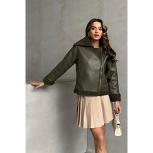 Fermuarlı Deri Kürklü Haki Kadın Premium Luxury Trend Tasarım Mont