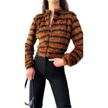 Kahve Siyah Çizgili Fermuarlı Peluş Premium Luxury Trend Tasarım Mont Ceket