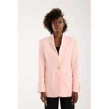 Pembe Salaş Kesim Düğme Detaylı Dokuma Blazer Ceket
