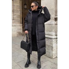 Mad Girls Koyu Siyah Uzun Şişme Mont MG1303