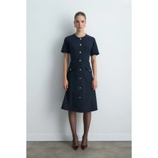 Gusto Bele Oturan Midi Tuvit Elbise - Lacivert