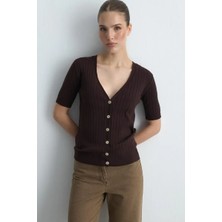 Gusto Kısa Kollu Ribana Triko Hırka - Kahverengi