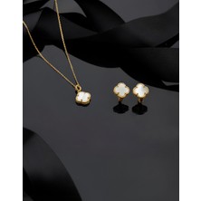 925 Ayar Beyaz Sedef Taşlı Gold Yonca Kolye Küpe 2'li Gümüş Set-Takım
