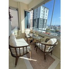 Kartepe 2 1 1 Rattan Bahçe Balkon Takımı,kahve Örgü/krem Kumaş