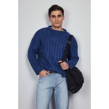 Erkek Oversize Kalın Fitilli Triko Kazak Indigo