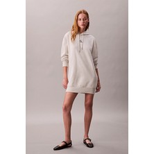 Kadın Rahat Kalıp Kapüşonlu Sweatshirt Elbise - Bej Melanj