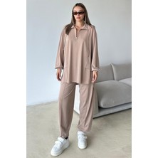 Yakası Fermuar Detaylı Premium Örme Kumaş Tunik Pantolon Takım Kamel 9375-TK