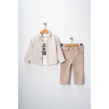 Erkek Çocuk Kolu Ayarlanabilir Gömlekli Pantolonlu Baskılı Tişörtlü Üçlü Spor Takım