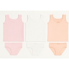 Kız Çocuk Ribana Geniş Askılı Atlet Külotlu Takım 6'lı Set - Rahat Iç Giyim Pembe , Beyaz , Krem