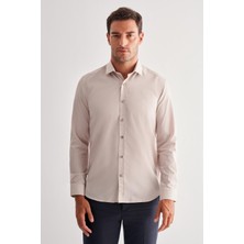 Koyu Bej Yarım Italyan Yaka Uzun Kol Slim Fit Pamuklu Gömlek 1004255180
