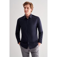 Koyu Lacivert Sert Yaka Filafil Desen Uzun Kol Slim Fit Pamuklu Gömlek 1004255181