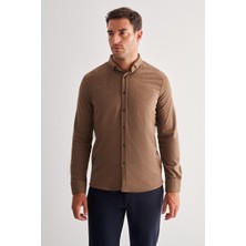 Koyu Vizon Smart Düğmeli Yaka Uzun Kol Cepsiz Slim Fit Casual Gömlek 1004255168