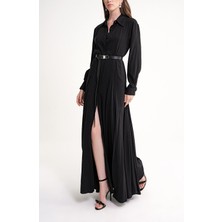 Siyah Kemer Detaylı Uzun Gömlek Elbise 94658