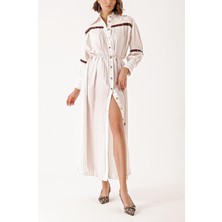 Ekru Pliseli Tahta Boncuk Detaylı Rahat Elbise 94329