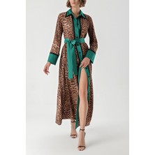 Leopar-Yeşil Iki Renkli Büzgülü Uzun Elbise 94318