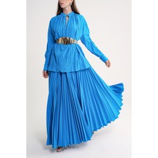 Mavi Beli Lastikli Piliseli Etek,bol Kesim Bluz ve Kemerli Üçlü Takım 12304