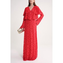 Kırmızı Yakası Fırfır Detaylı Uzun Dantel Elbise 94637