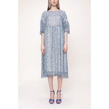 Mavi Büzgülü Bol Kesim Fiyonklu Elbise 93392