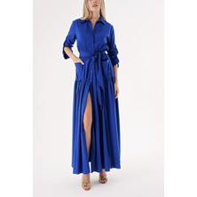 Saks Beli Lastikli  Uzun Gömlek Elbise 94498