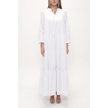 Beyaz Bol Kesim Büzgülü Uzun Elbise 93742