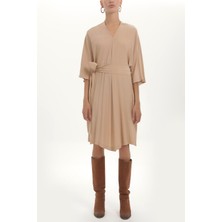 Bej Kemerli V Yaka Bol Kesim Mini Elbise 92408