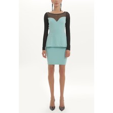 Yeşil Tüllü Örme Mini Elbise 91097