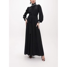 Siyah Balıkçı Yaka Ribana Detaylı Uzun Elbise 94156