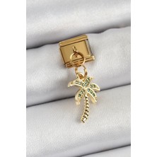 316L Çelik Sallantılı Zirkon Taşlı Palmiye Ağacı Model Gold Renk Nomination Charm