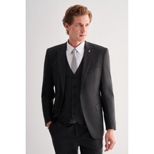 Siyah Mono Yaka Tam Astar 6 Drop Slim Fit Esnek  Yelekli Takım Elbise 1001255151