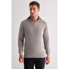 Gri Fermuarlı Yarım Balıkçı Uzun Kol Cepsiz Comfort Fit Casual Pamuklu Triko Kazak 1012255204