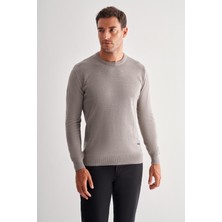 Açık Gri Bisiklet Yaka Uzun Kol Cepsiz Comfort Fit Pamuklu Triko Kazak 1012255220