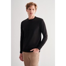 Siyah Bisiklet Yaka Uzun Kol Cepsiz Comfort Fit Pamuklu Triko Kazak 1012255220