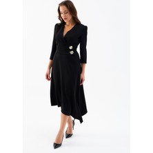 Kadın Siyah Kemer Detay Saten Davet Elbisesi